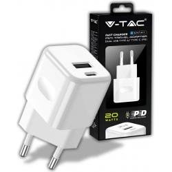 Caricatore per smartphone e tablet 20W Fast Charger USB-A e USB-C V-TAC Bianco