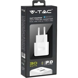 Caricatore per smartphone e tablet 30W Fast Charger USB-A e USB-C V-TAC Bianco