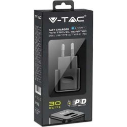 Caricatore per smartphone e tablet 30W Fast Charger USB-A e USB-C V-TAC Nero