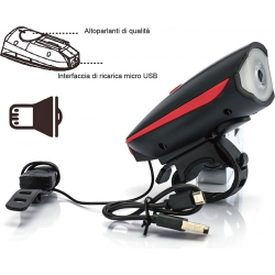 Fanalino luce anteriore avvisatore acustico bici ricaricabile USB impermeabile IP65