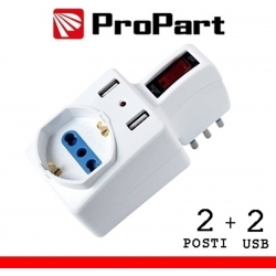 Adattatore presa elettrica 2 posti bipasso/schuko 10A + USB con interruttore